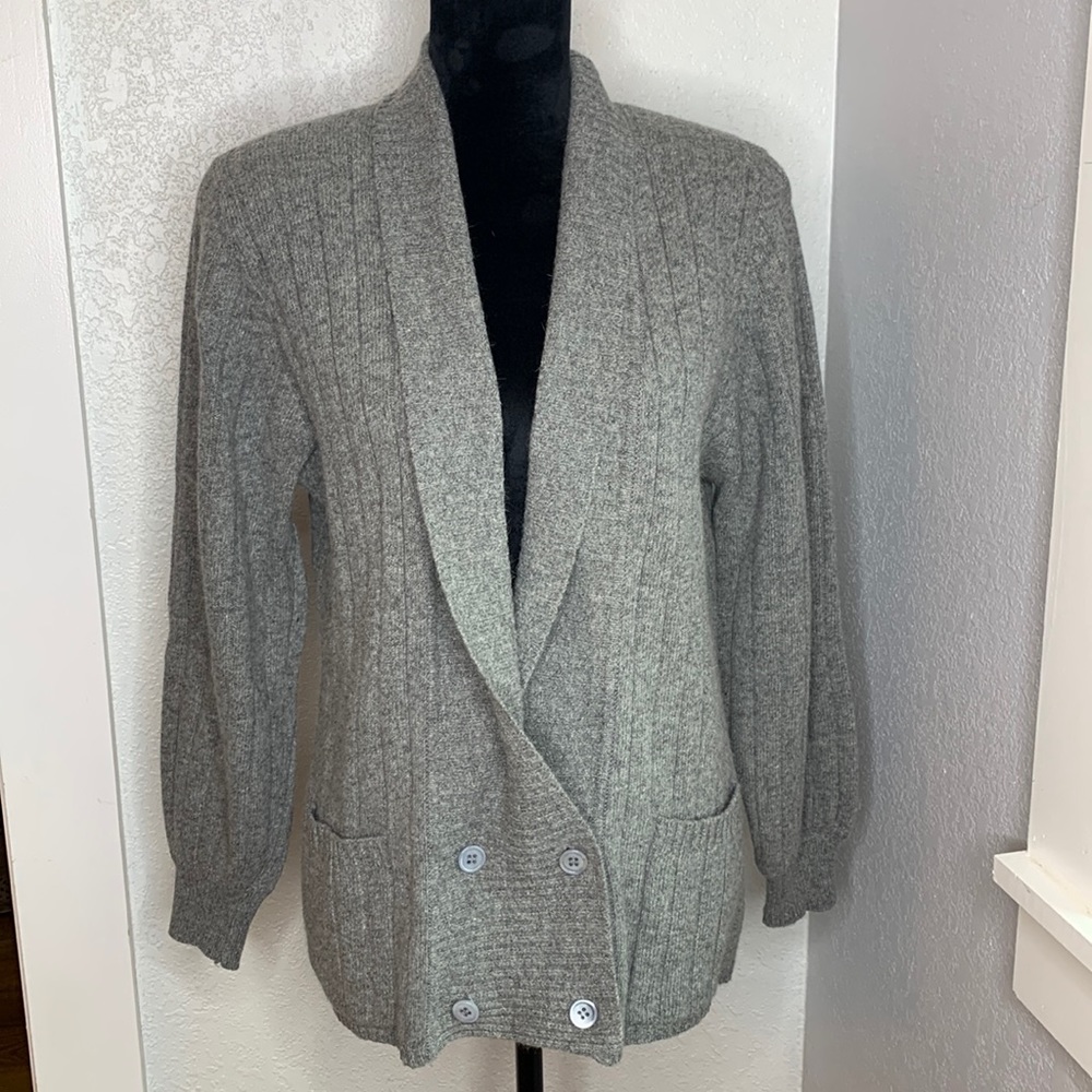 Adele Joyce Vintage Angora Lambswool Gray Double Breasted Sweater Cardigan